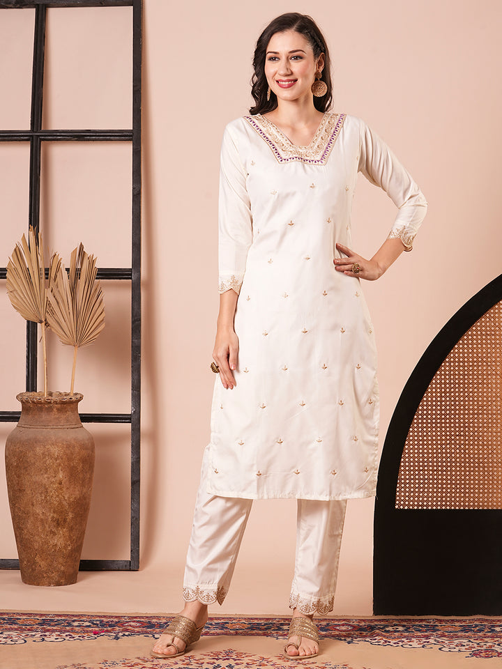 Stunning Off White Suit | Roman Silk top bottom with Taby Silk dupatta