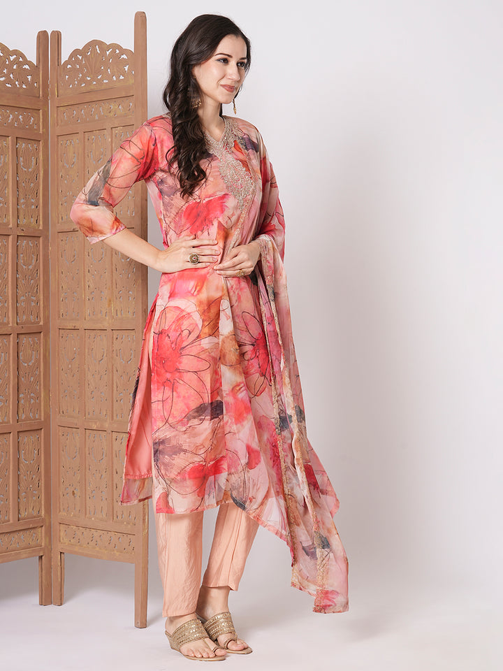 Gorgeous Peach Taby Silk Top Coordinated with Viscose Blend Bottom | Taby Silk