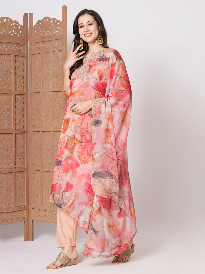 Gorgeous Peach Taby Silk Top Coordinated with Viscose Blend Bottom | Taby Silk