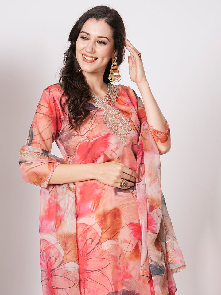 Gorgeous Peach Taby Silk Top Coordinated with Viscose Blend Bottom | Taby Silk