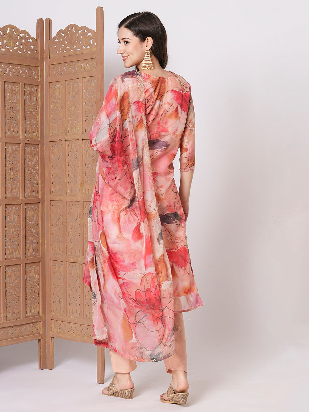 Gorgeous Peach Taby Silk Top Coordinated with Viscose Blend Bottom | Taby Silk
