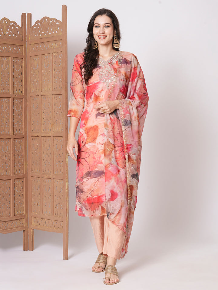 Gorgeous Peach Taby Silk Top Coordinated with Viscose Blend Bottom | Taby Silk