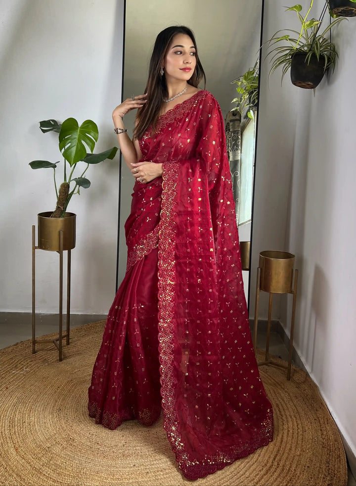 Elegant Jimmy Choo Saree with Thread & Sequin Embroidery | Perfect for Weddings