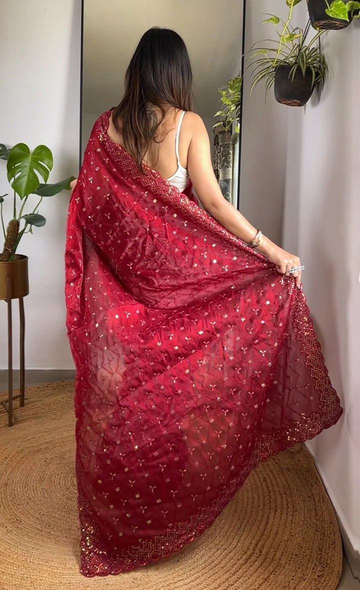 Elegant Jimmy Choo Saree with Thread & Sequin Embroidery | Perfect for Weddings