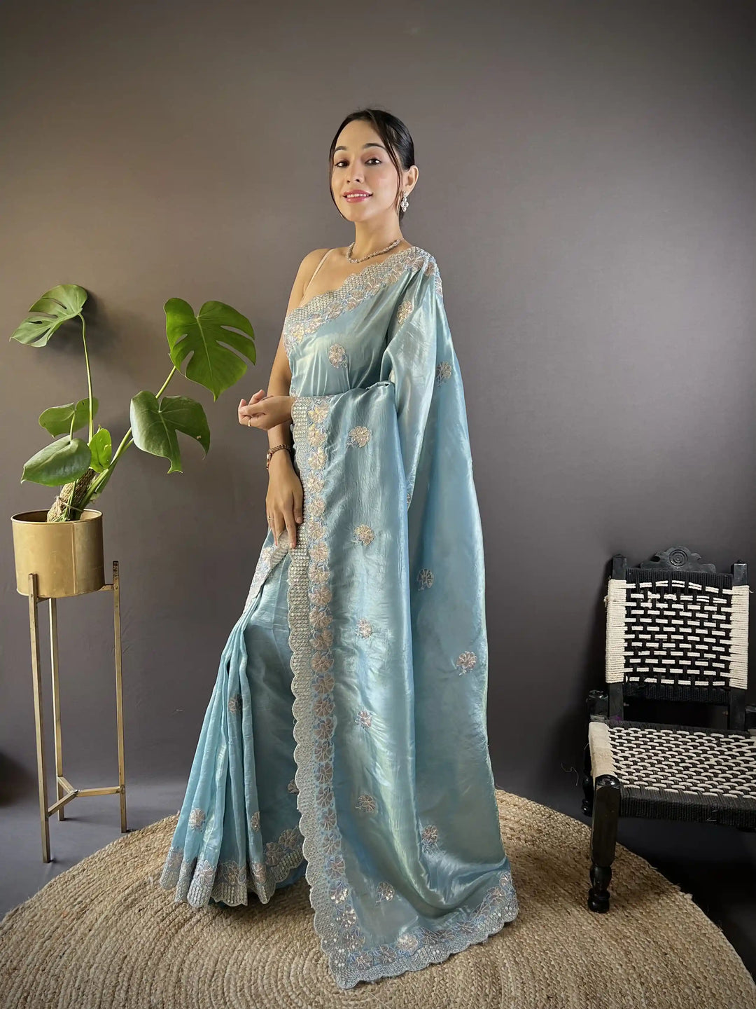 Partywear Gold Crunchy Saree | Sequins, Thread Embroidery & Cut Work