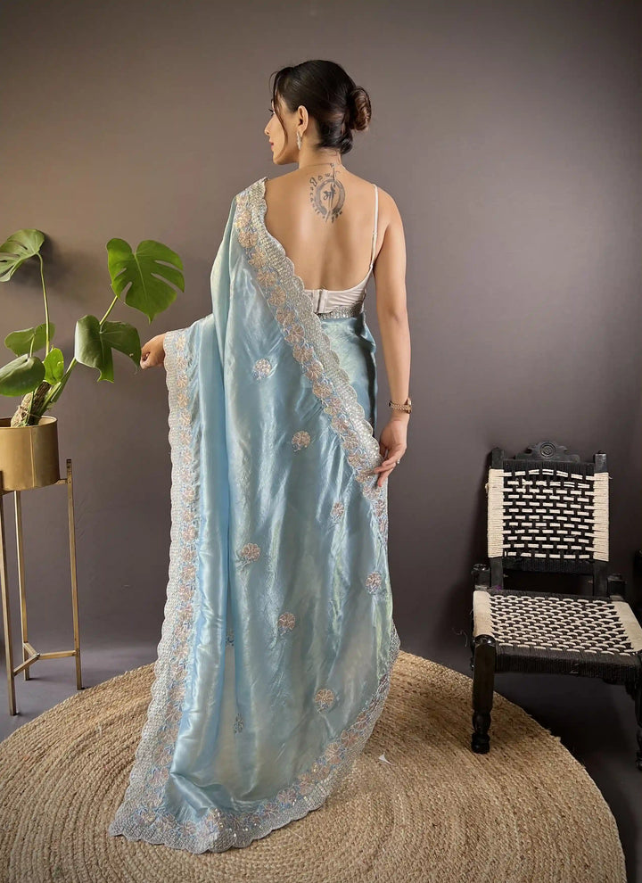 Partywear Gold Crunchy Saree | Sequins, Thread Embroidery & Cut Work