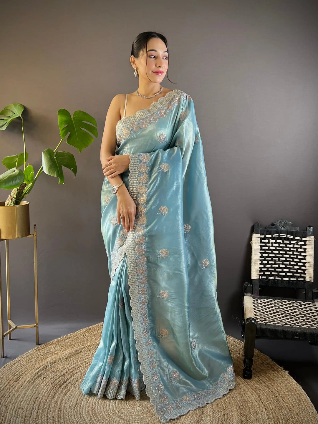 Partywear Gold Crunchy Saree | Sequins, Thread Embroidery & Cut Work
