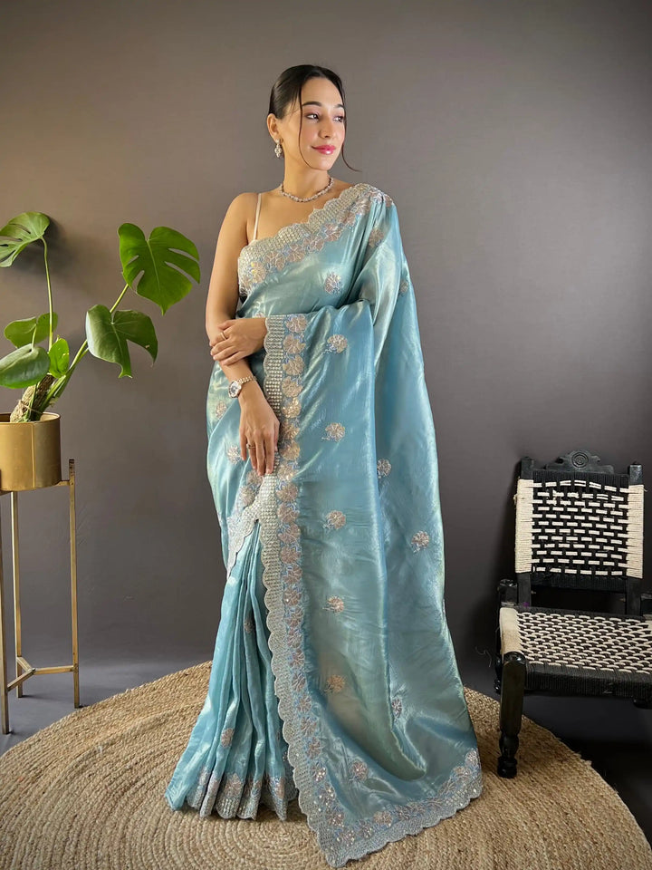 Partywear Gold Crunchy Saree | Sequins, Thread Embroidery & Cut Work