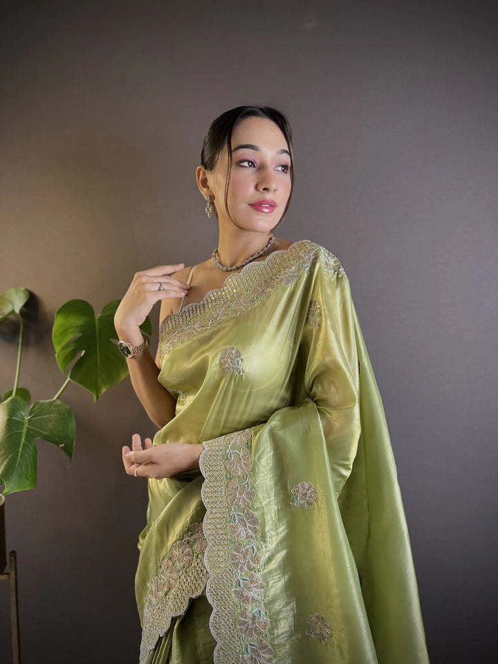 Partywear Gold Crunchy Saree | Sequins, Thread Embroidery & Cut Work