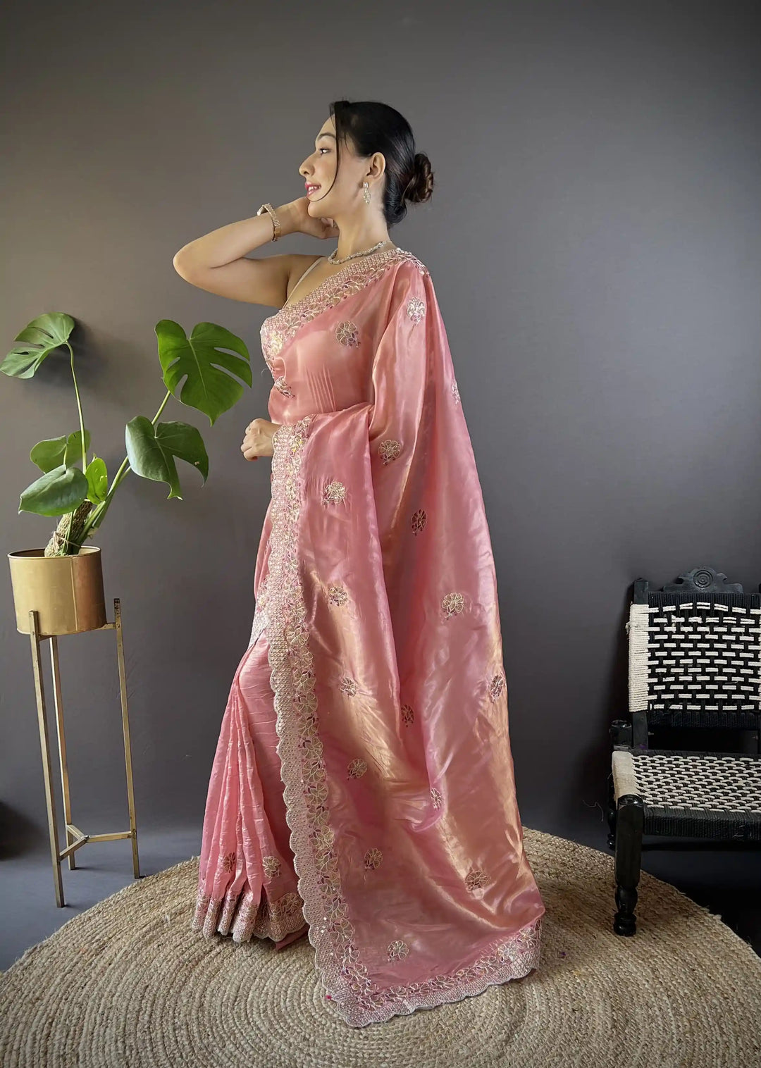 Partywear Gold Crunchy Saree | Sequins, Thread Embroidery & Cut Work