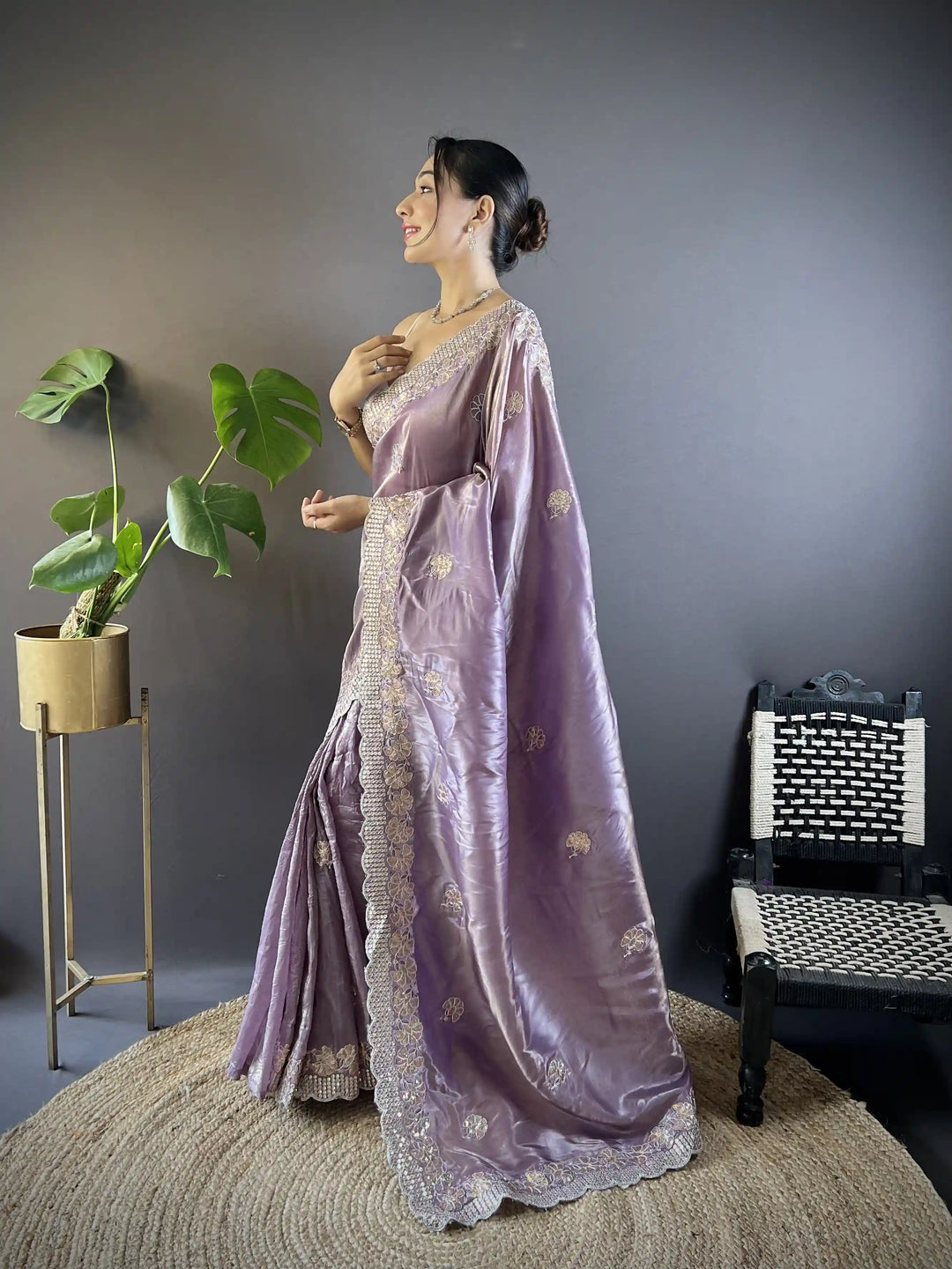 Partywear Gold Crunchy Saree | Sequins, Thread Embroidery & Cut Work
