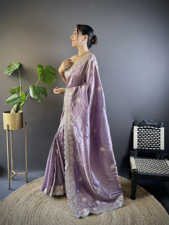 Partywear Gold Crunchy Saree | Sequins, Thread Embroidery & Cut Work