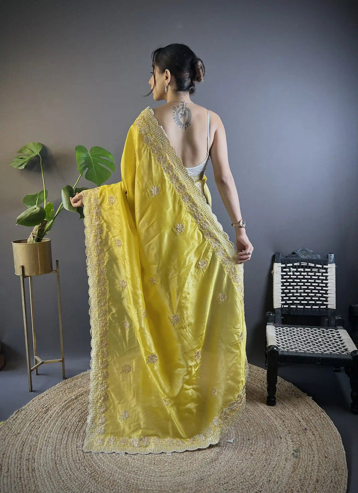Partywear Gold Crunchy Saree | Sequins, Thread Embroidery & Cut Work