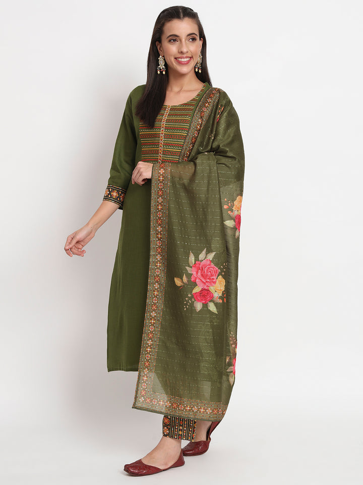 Elegant Mehendi Suit | Magic Cotton top bottom with Muslin dupatta