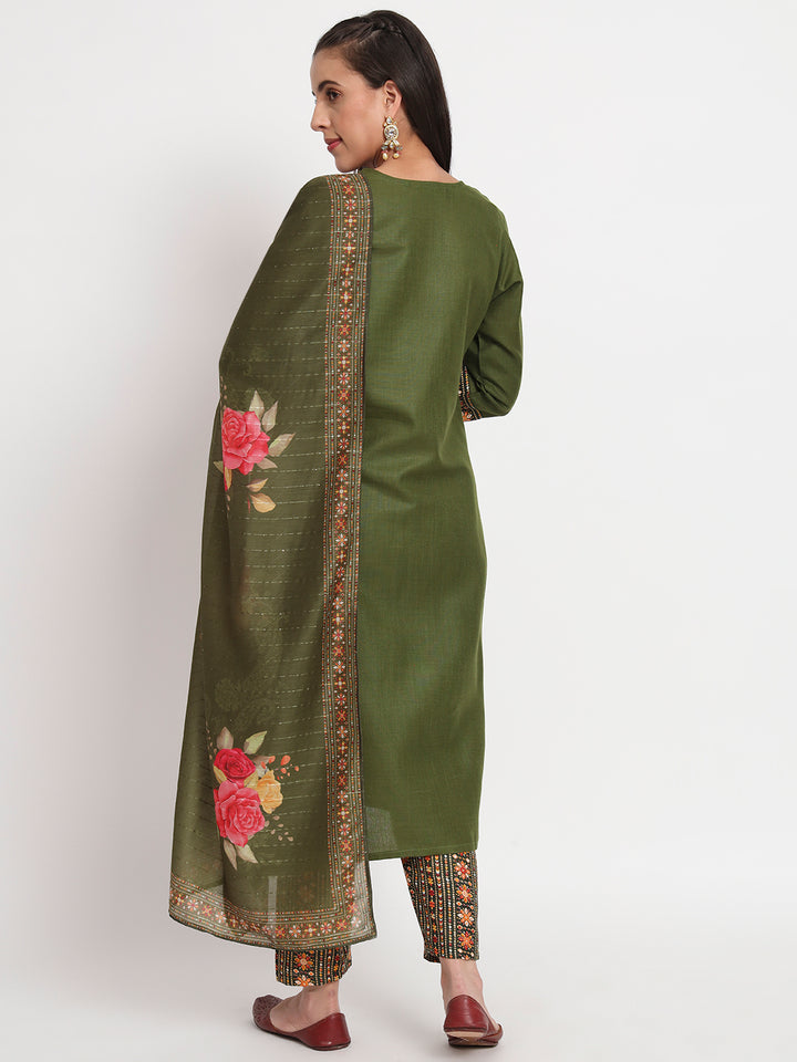 Elegant Mehendi Suit | Magic Cotton top bottom with Muslin dupatta