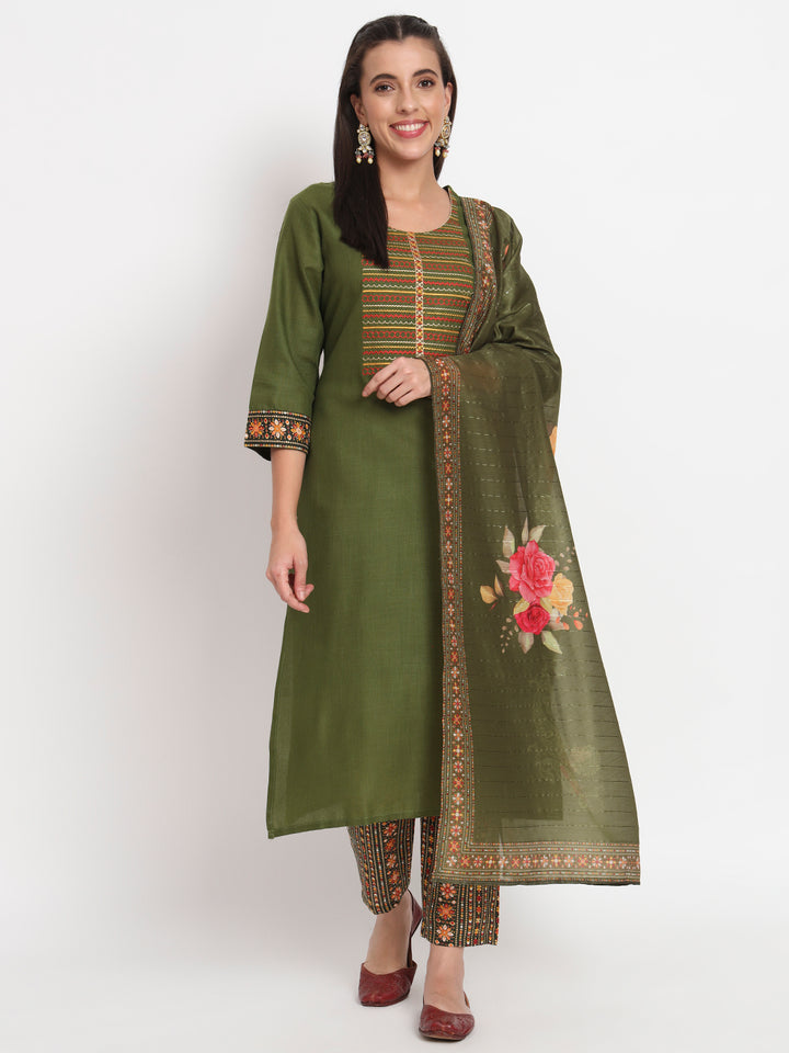 Elegant Mehendi Suit | Magic Cotton top bottom with Muslin dupatta