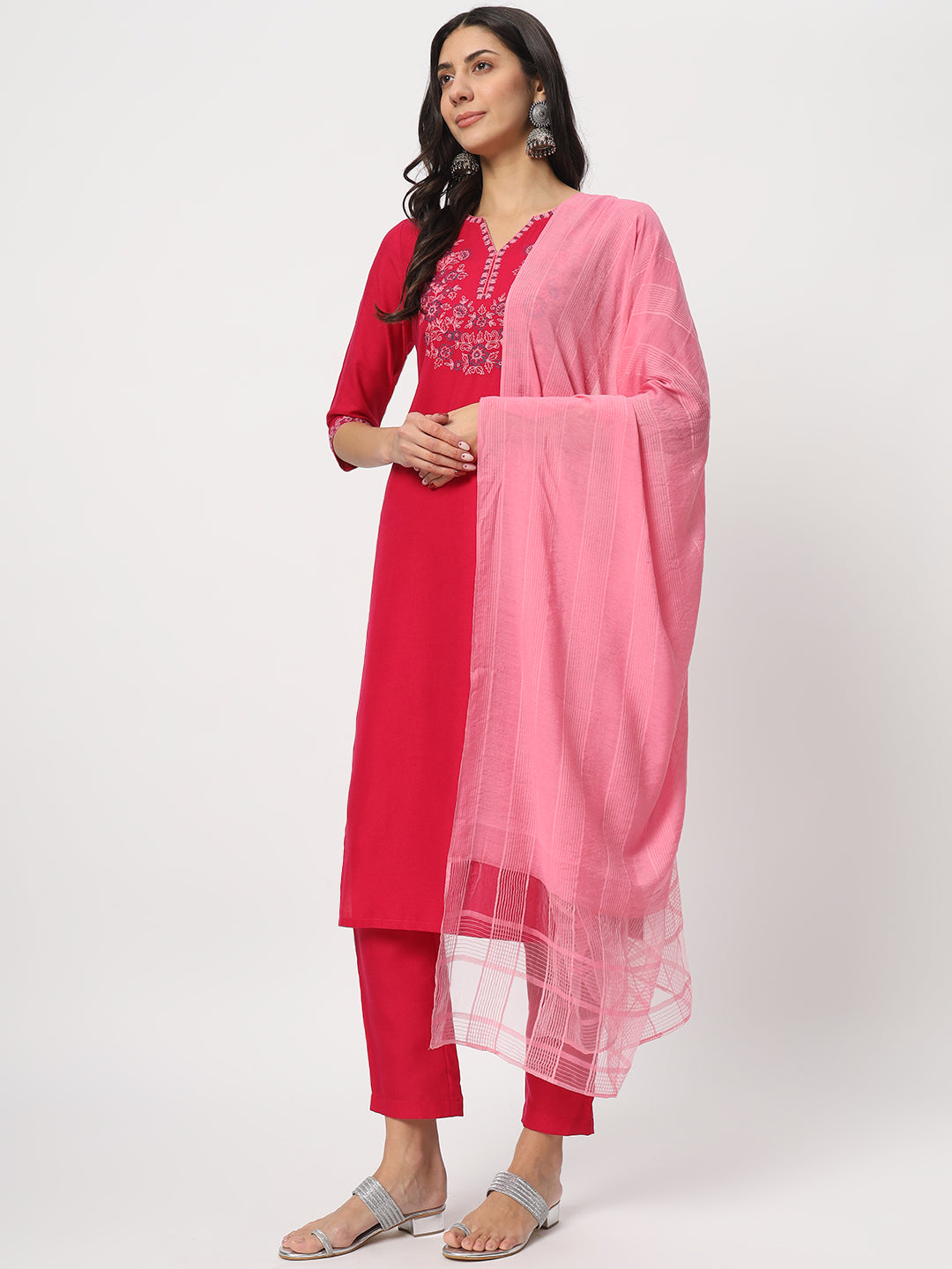 Charming Bright Pink Suit | Cotton top bottom with Viscose dupatta