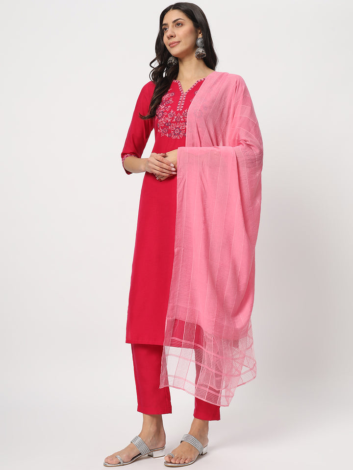 Charming Bright Pink Suit | Cotton top bottom with Viscose dupatta