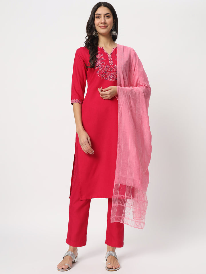 Charming Bright Pink Suit | Cotton top bottom with Viscose dupatta