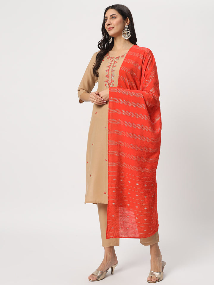 Charming Beige Suit | Cotton top bottom with Viscose dupatta