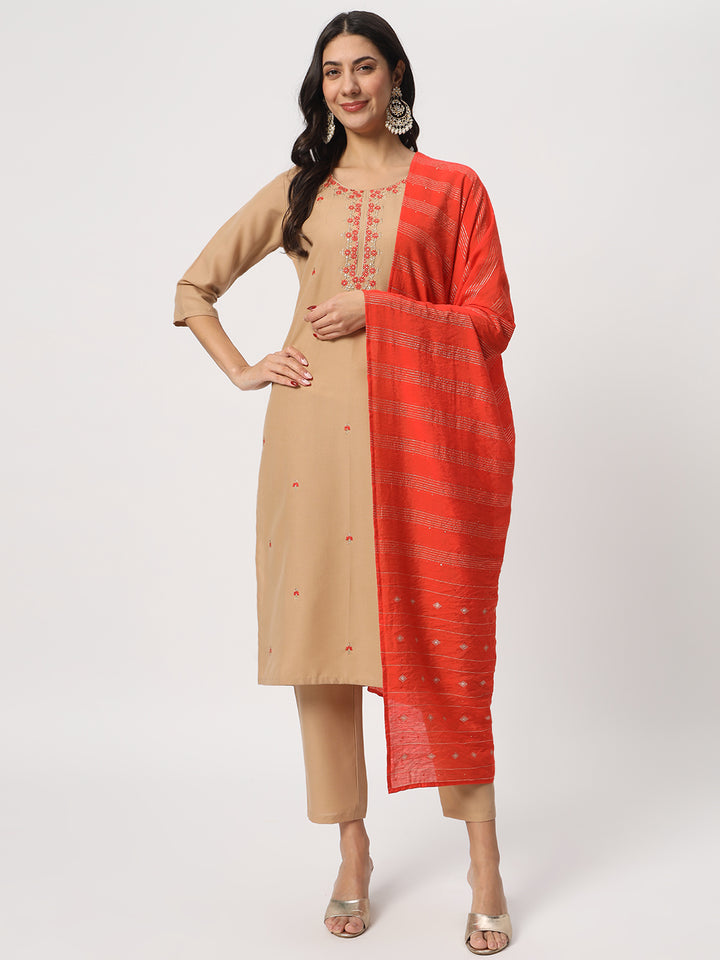Charming Beige Suit | Cotton top bottom with Viscose dupatta