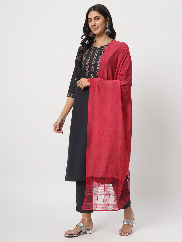 Gorgeous Black Suit | Cotton top bottom with Viscose dupatta