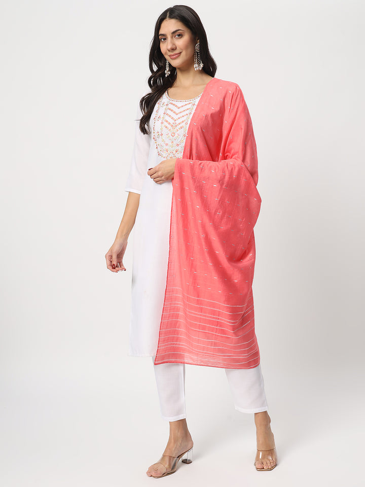 Charming White Suit | Cotton top bottom with Viscose dupatta