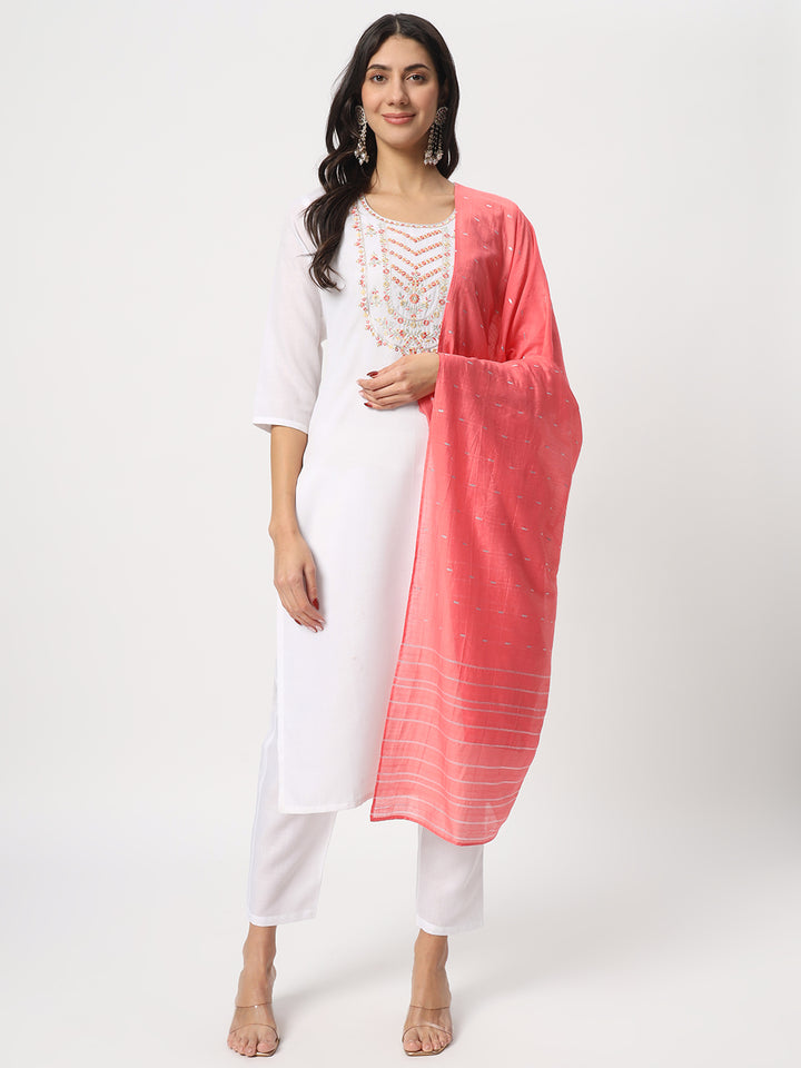 Charming White Suit | Cotton top bottom with Viscose dupatta