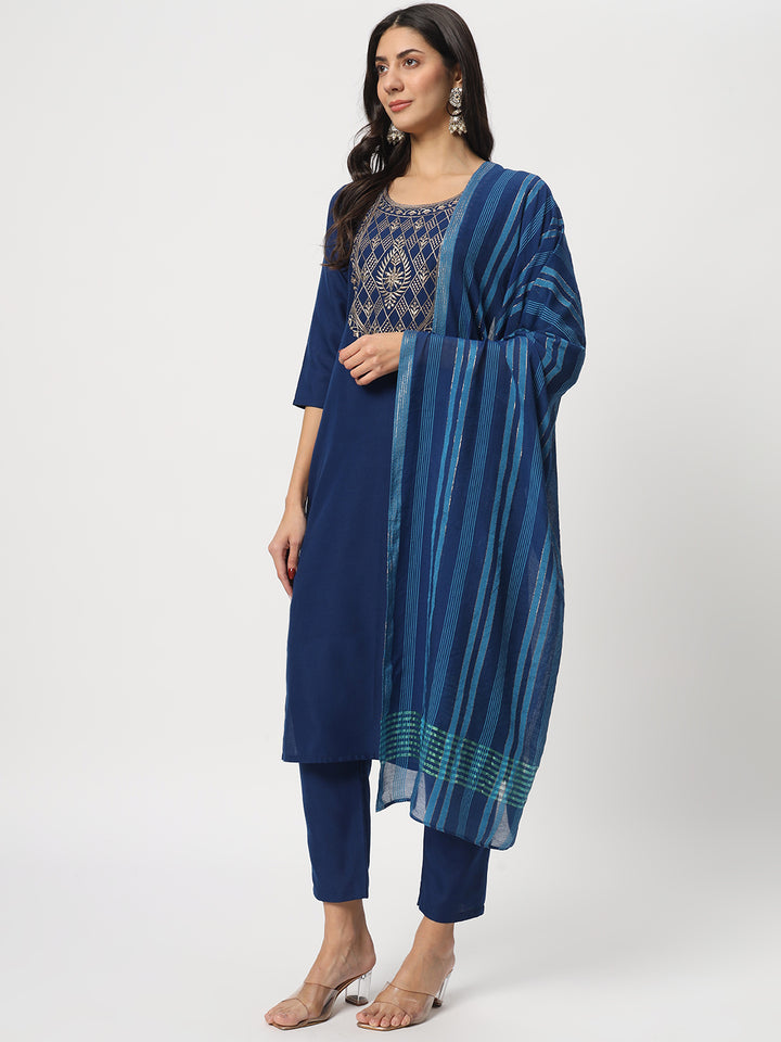 Stunning Blue Suit | Cotton top bottom with Viscose dupatta