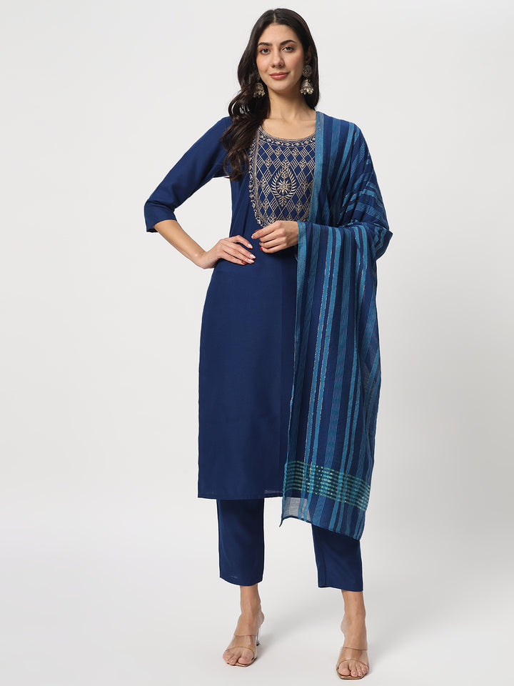 Stunning Blue Suit | Cotton top bottom with Viscose dupatta