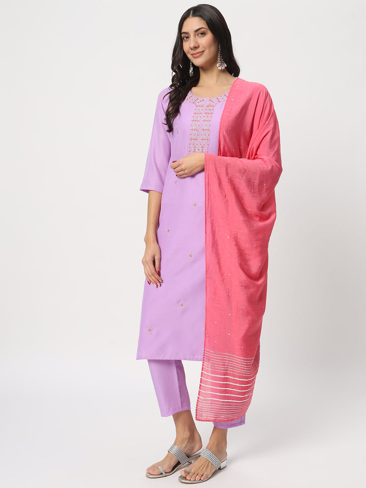 Graceful Lavender Suit | Cotton top bottom with Viscose dupatta