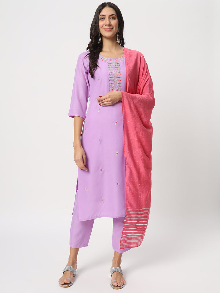 Graceful Lavender Suit | Cotton top bottom with Viscose dupatta
