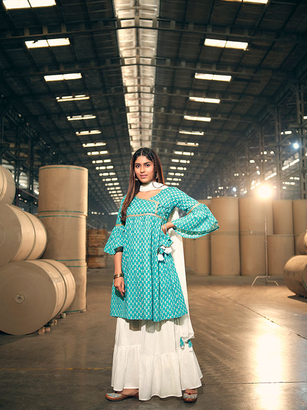 Stylish Turquoise Cotton Top Featuring Bottom | Accentuated by a Cotton Dupatta