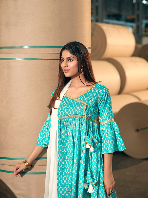Stylish Turquoise Cotton Top Featuring Bottom | Accentuated by a Cotton Dupatta