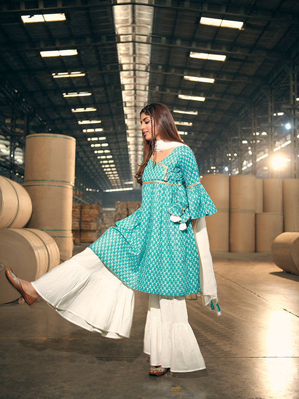 Stylish Turquoise Cotton Top Featuring Bottom | Accentuated by a Cotton Dupatta