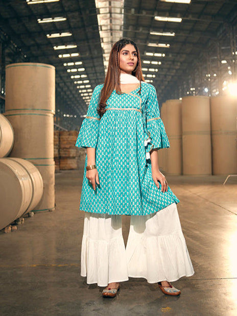 Stylish Turquoise Cotton Top Featuring Bottom | Accentuated by a Cotton Dupatta
