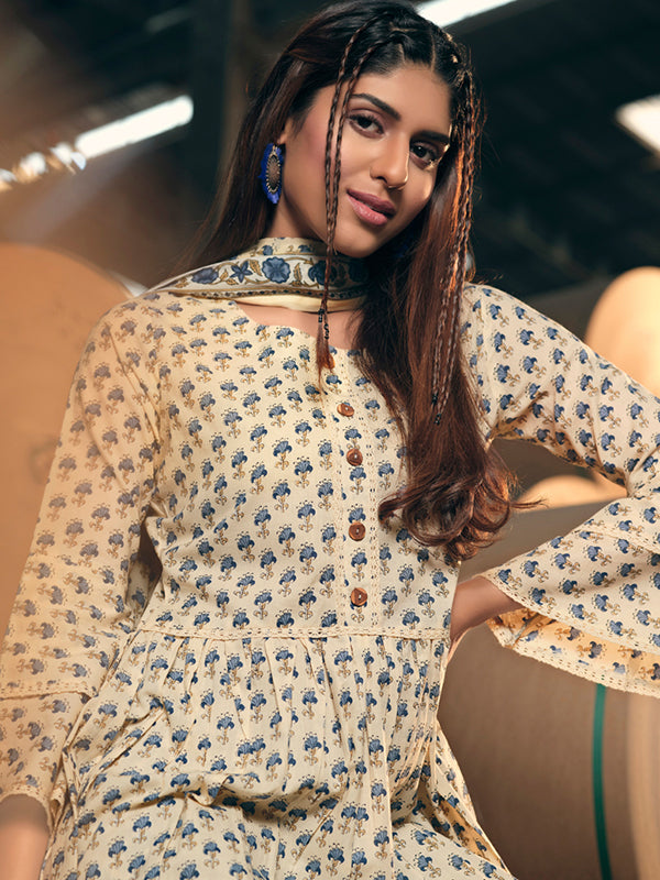 Graceful Beige Cotton Salwar Suit | Completed with a Gorgeous Cotton Dupatta