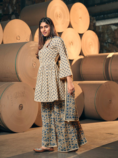 Graceful Beige Cotton Salwar Suit | Completed with a Gorgeous Cotton Dupatta