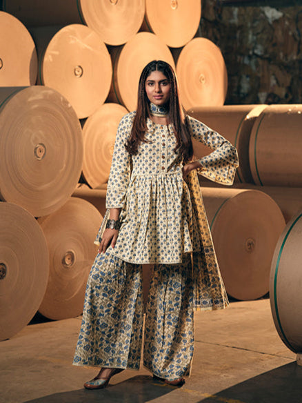 Graceful Beige Cotton Salwar Suit | Completed with a Gorgeous Cotton Dupatta