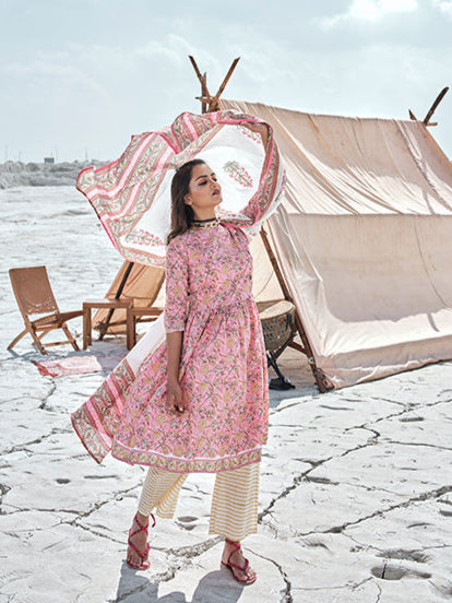 Stylish Pink Cotton Top Featuring Cotton Bottom | Completed with a Gorgeous Cotton Dupatta