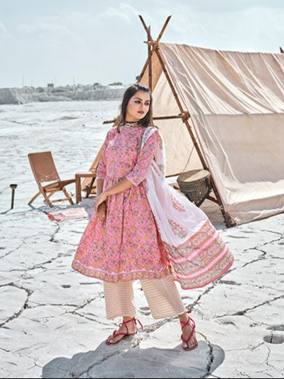 Stylish Pink Cotton Top Featuring Cotton Bottom | Completed with a Gorgeous Cotton Dupatta