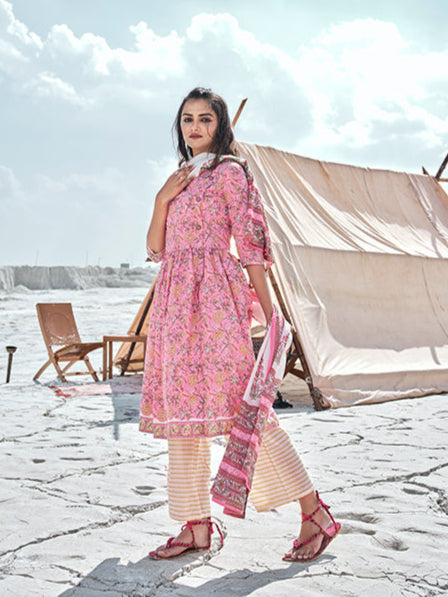 Stylish Pink Cotton Top Featuring Cotton Bottom | Completed with a Gorgeous Cotton Dupatta