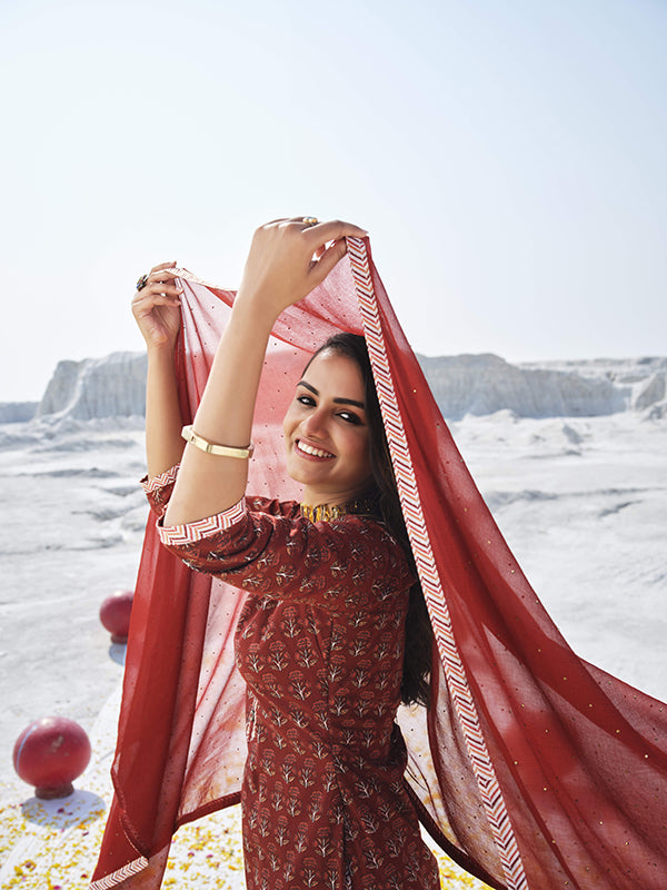 Graceful Maroon Cotton Salwar Kameez | Highlighting a Stunning Cotton Dupatta
