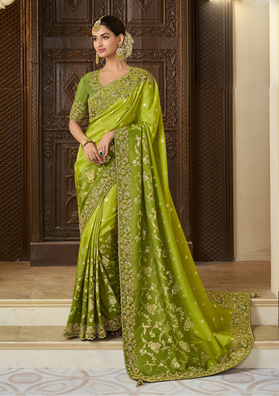 Parrot Green Elegant Viscose-Tissue Saree | Designer Wevon-Jacquard with Embroidery