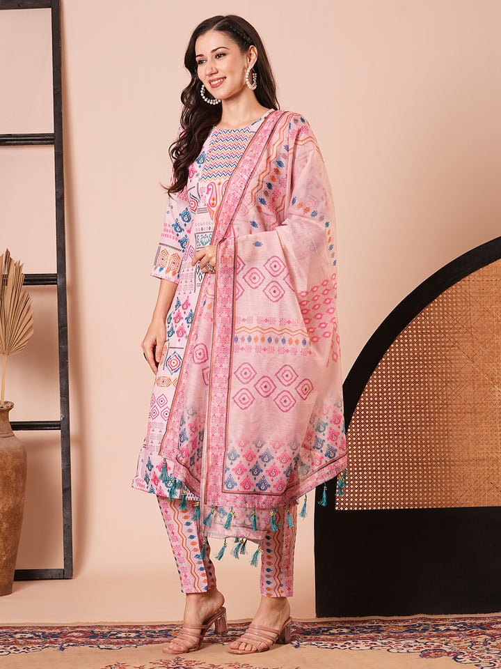 Gorgeous Pink Suit | Cotton top bottom with Chanderi Cotton dupatta