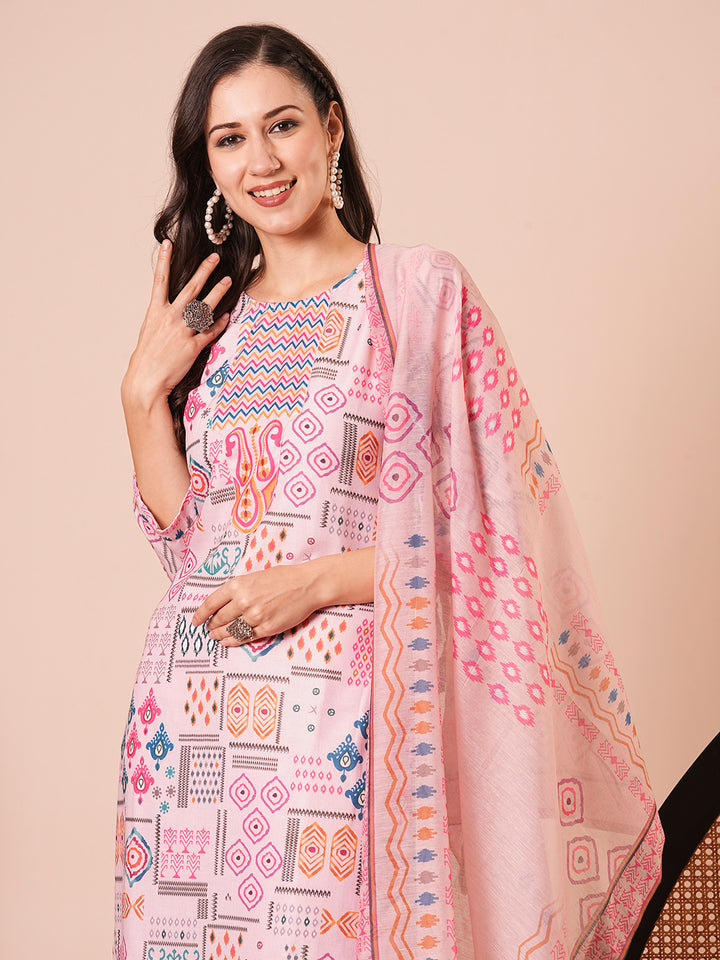 Gorgeous Pink Suit | Cotton top bottom with Chanderi Cotton dupatta