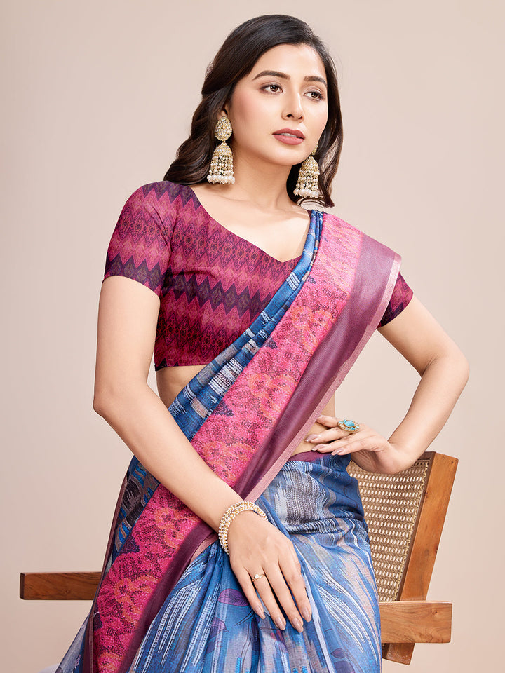 Blue Linen Saree with Jari-Border | Digital-Print for Special Events & Weddings