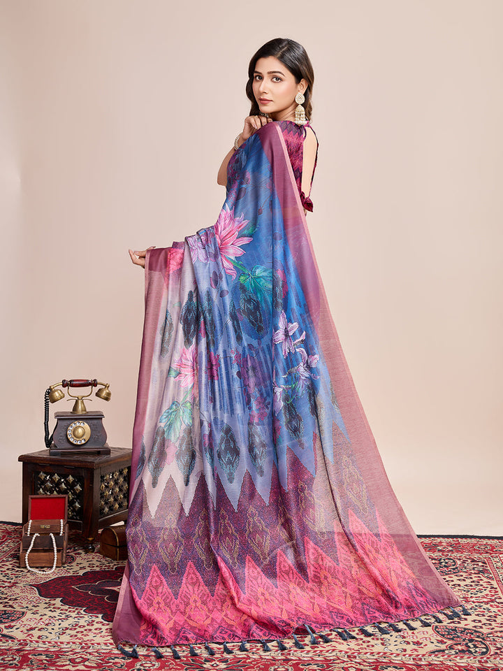Blue Linen Saree with Jari-Border | Digital-Print for Special Events & Weddings