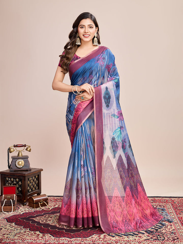 Blue Linen Saree with Jari-Border | Digital-Print for Special Events & Weddings