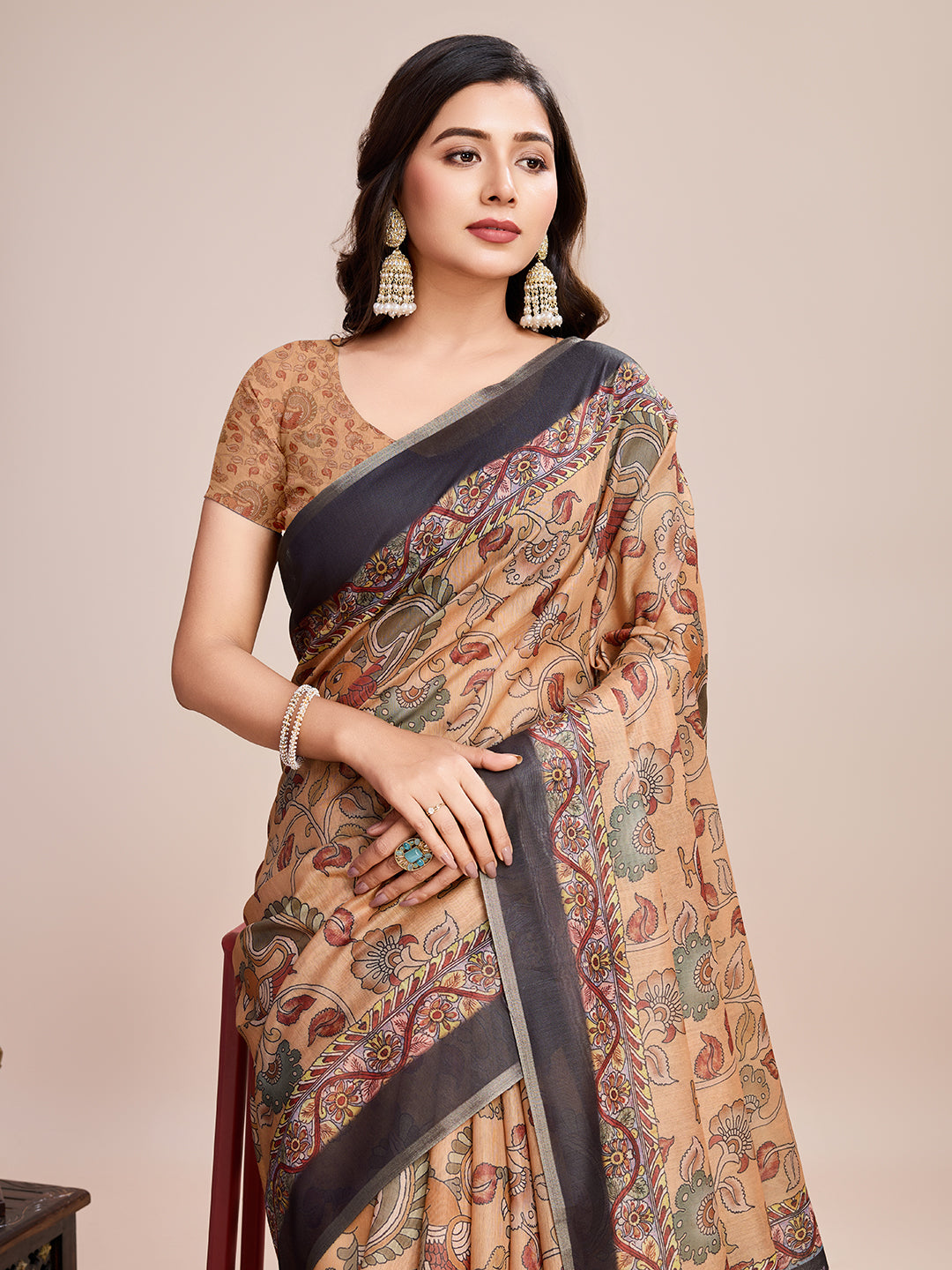 Light Brown Linen Saree with Jari-Border | Digital Print for Special Events & Weddings